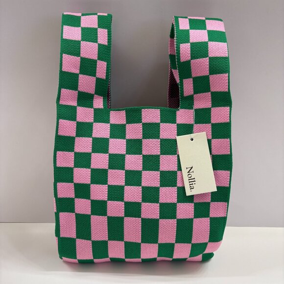 Wrist Tote Bag - 100% Polyester- Green Pink Checkers / Gingham - NWT - Picture 4 of 10